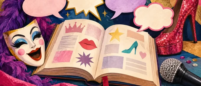 An illustrated drag vocabulary desk with speech balloons and expressive stage symbols.