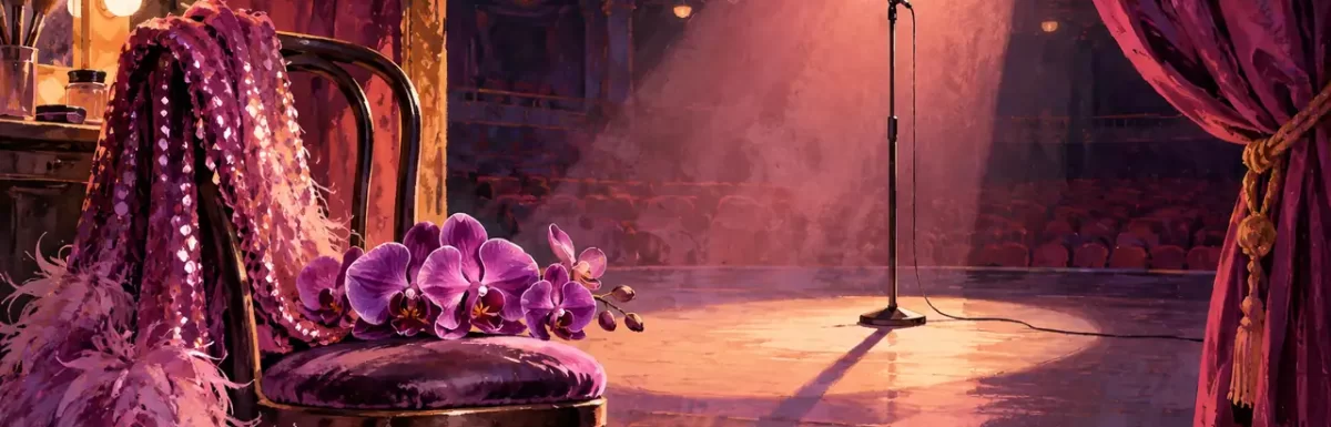 A symbolic stage tribute with a microphone, orchid and softly lit curtain; not a portrait.