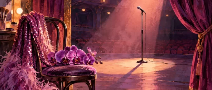 A symbolic stage tribute with a microphone, orchid and softly lit curtain; not a portrait.