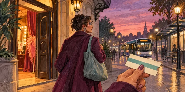 A small illustrated evening journey home: a theatre doorway at dusk, an adult with a modest fabric bag, clearly recognizable public transport in the distance and a simple unlettered travel ticket in the foreground.