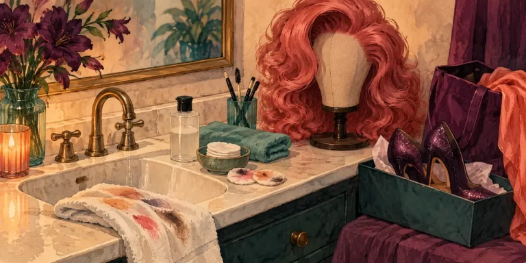 An aftercare scene at a quiet sink: folded clean cloth, a suitable unbranded remover bottle, a wig resting safely on a stand and shoes put away beside a fabric bag.