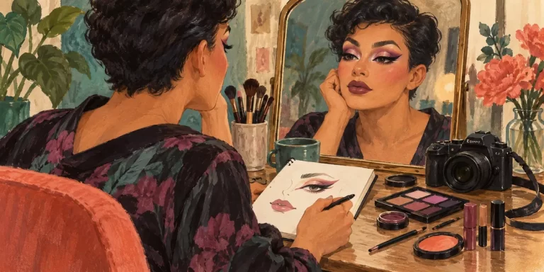 An anonymous adult practices one simple eye-and-lip design while seated at a mirror, with a small blank notebook showing one unlettered sketch and an unfiltered camera shape nearby.