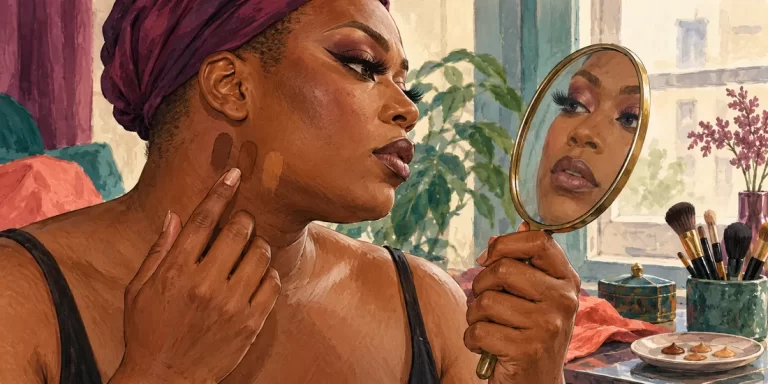 An anonymous deep-complexioned adult compares a few small foundation shade swatches near the jaw in neutral window daylight.