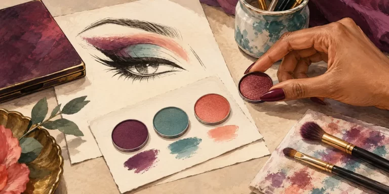 An artist desk focused on choosing just one missing colour role: three separate unbranded shadow pans on a card, one deliberate rich accent pan set aside from a larger closed palette, and an unlettered eye sketch.