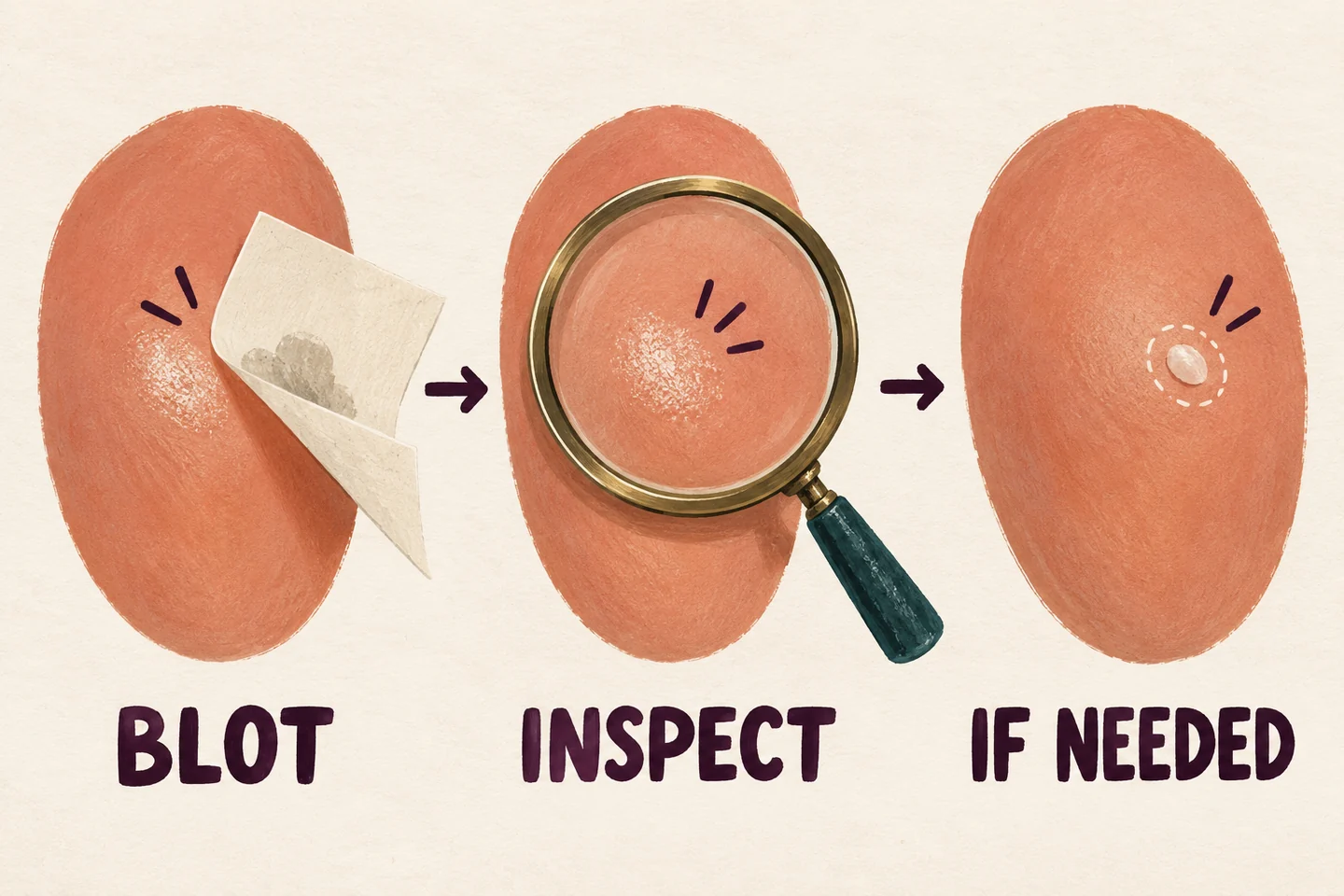 Local touch-up sequence: blot a shiny area, inspect it and add a small correction only if needed