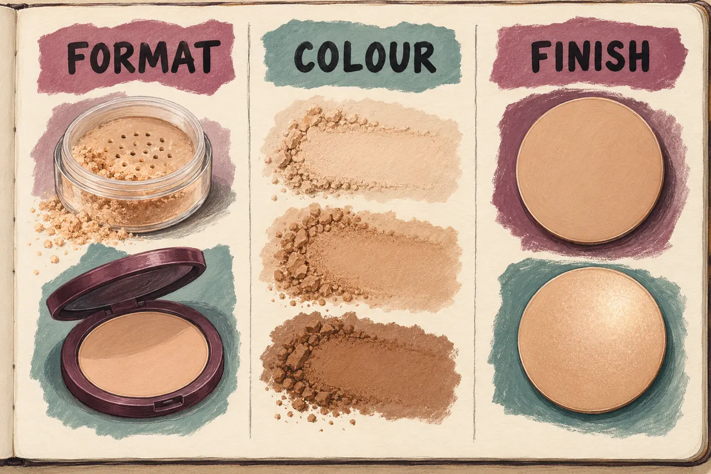 Three powder decisions illustrated separately: package format, colour contribution and surface finish