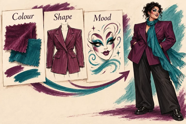 An illustrated planning board connects colour, shape and mood references to a plum-and-teal tailored drag look.