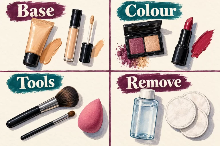 Four illustrated groups show base, colour, application tools and makeup-removal supplies.