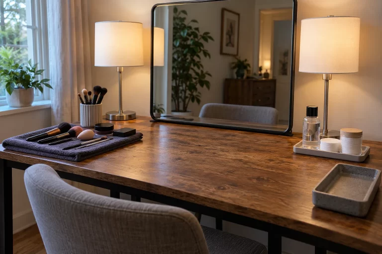 A clear home makeup station has a stable mirror, front-facing lights, a clean towel and remover within reach.