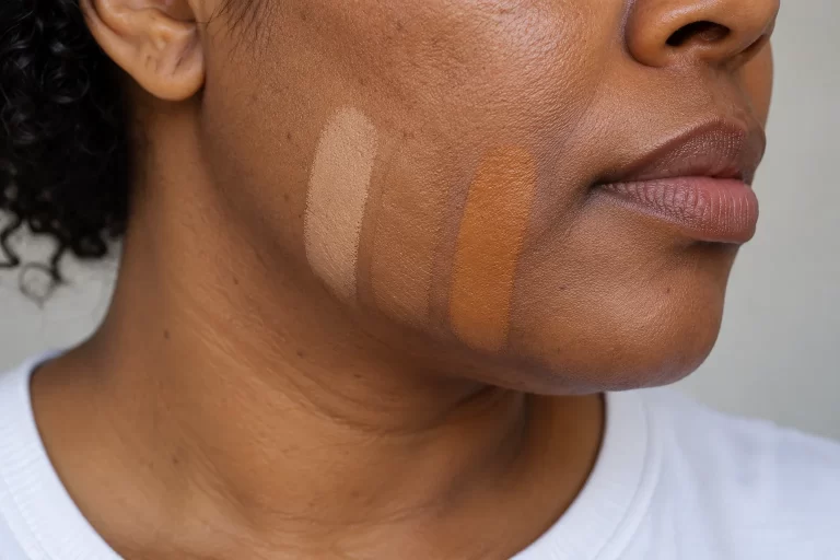 Three narrow foundation swatches along a jaw show a pale stripe, a closer skin match and an overly warm stripe under the same light.