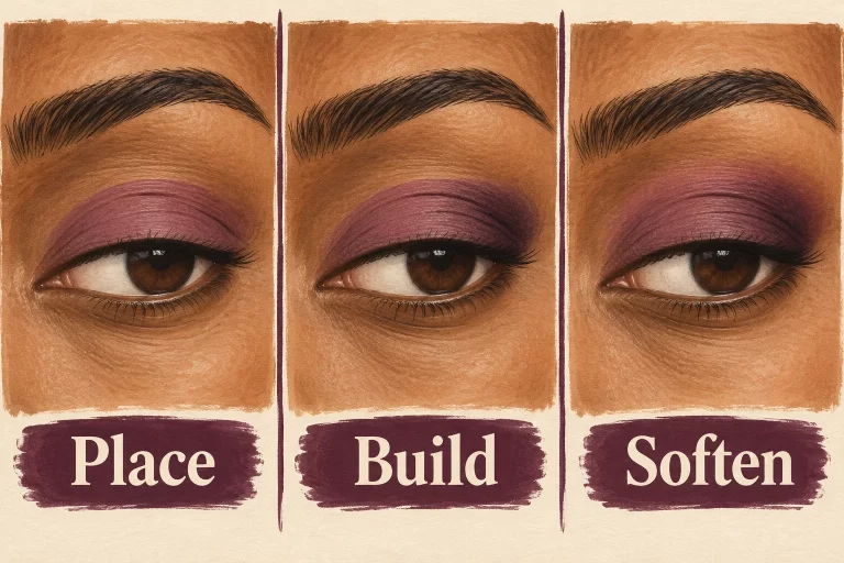 Three eye illustrations show a lid colour, a little depth at the outer crease and a softly blended edge, with colour on skin only.