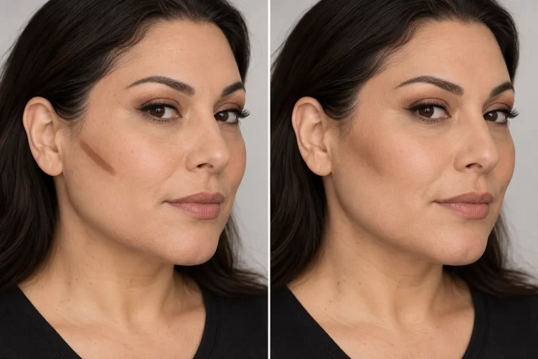 Two matched views of one cheek compare a short contour mark with the same colour blended into a soft shadow.
