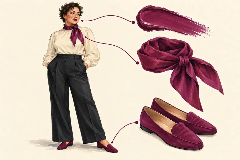 A plum accent links lipstick, scarf and loafers in an illustrated full outfit with a cream shirt and tailored trousers.