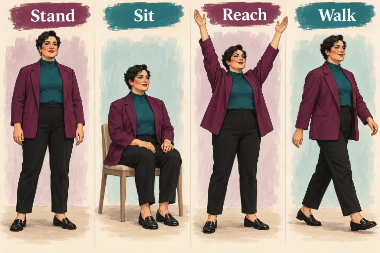 Four panels show the same drag beginner standing, sitting, raising their arms and taking a short step in flats.