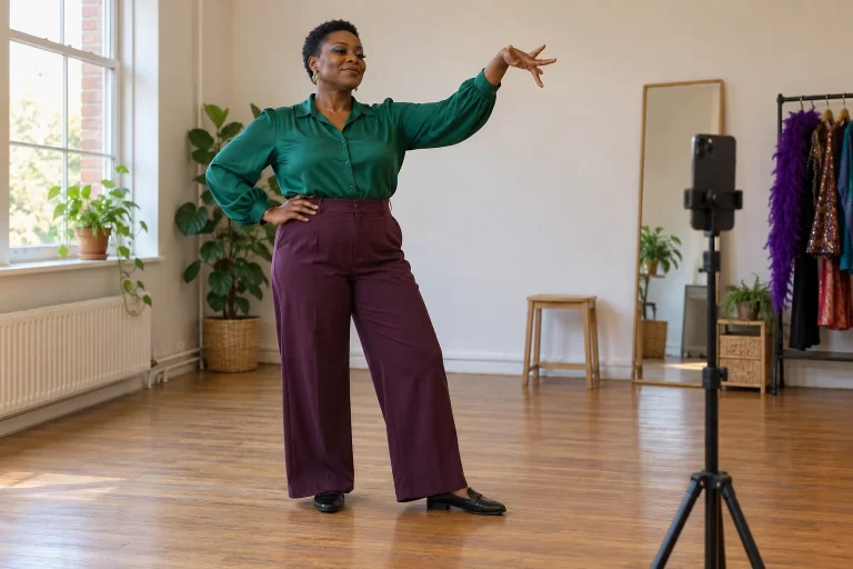 A drag beginner rehearses a gesture in a clear room while a phone on a stable stand records the full outfit.
