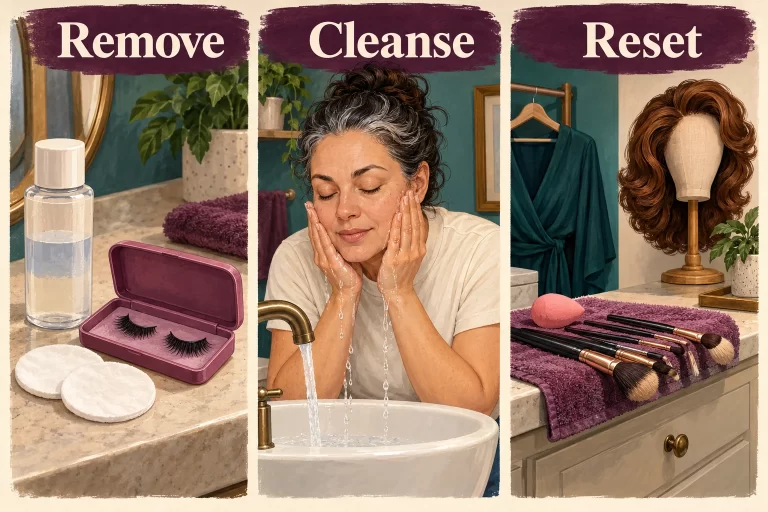 Three illustrated stages show suitable remover and pads, gentle face cleansing, and tools drying separately from a stored wig.