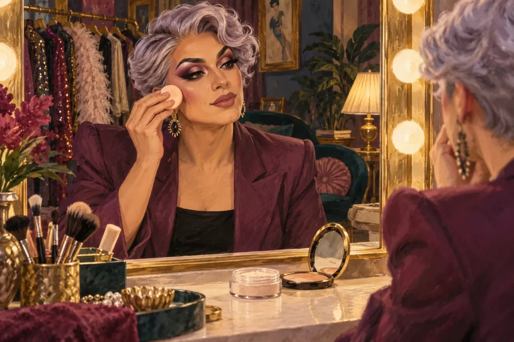Illustration of a drag artist using a small powder puff