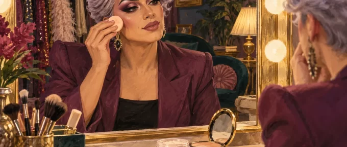 Illustration of a drag artist using a small powder puff