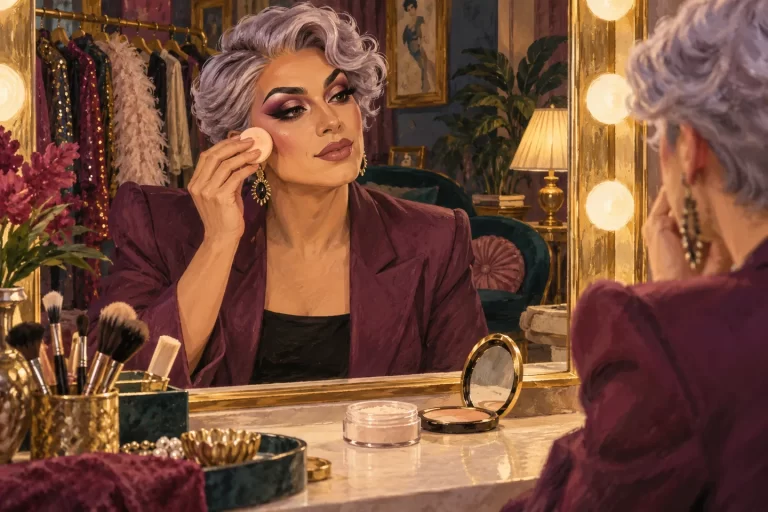 Illustration of a drag artist using a small powder puff