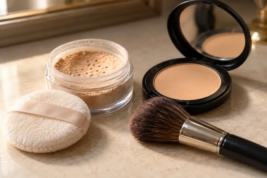 Loose powder, a pressed compact, a puff and a brush on a counter