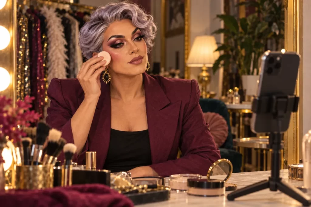 A drag artist checking makeup under the lighting used for a camera rehearsal