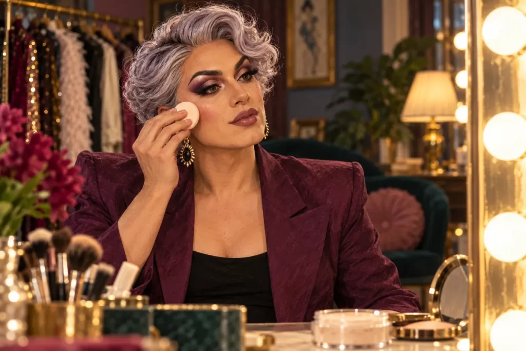 A drag artist lightly pressing a small powder puff onto the outer cheek