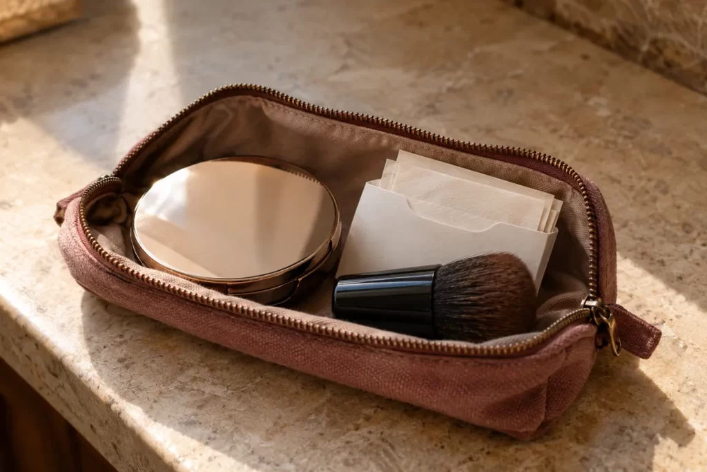 A small touch-up pouch with a compact, clean brush and blotting sheets