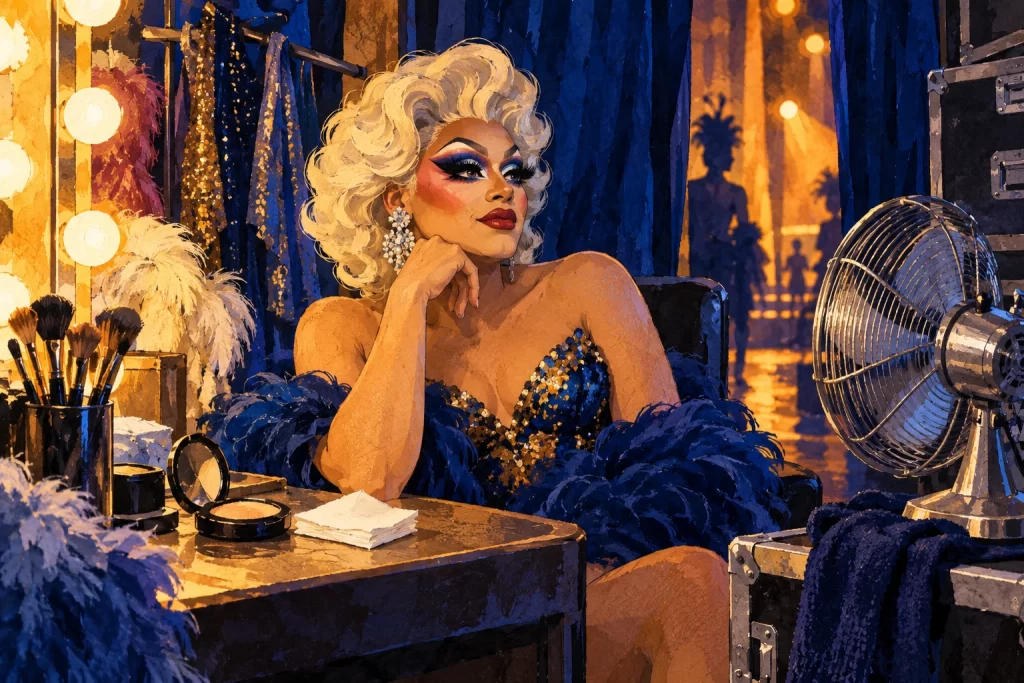 A glamorous performer in a blue sequin gown resting an elbow on a dressing table