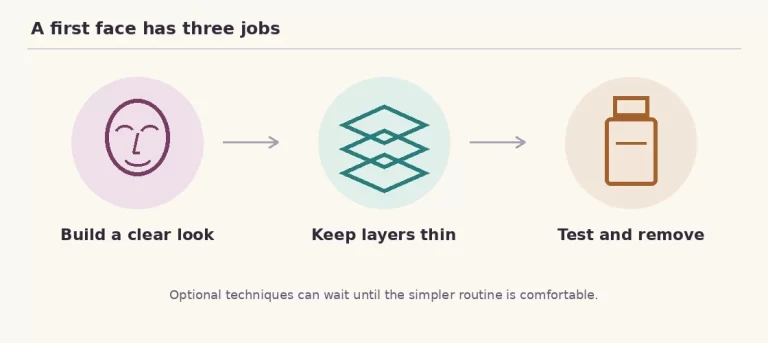 A first face has three jobs: Build a clear look, Keep layers thin, Test and remove