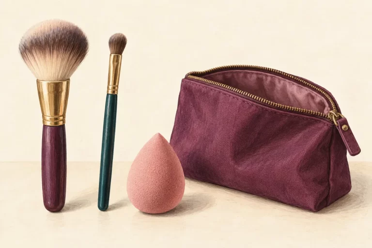 A rounded face brush, a smaller eye brush and a teardrop makeup sponge beside a pouch