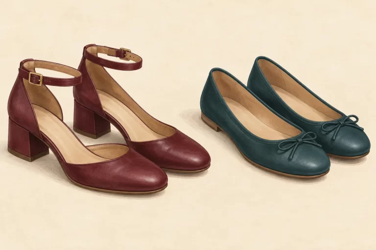 Block-heeled ankle-strap shoes beside a pair of flat shoes