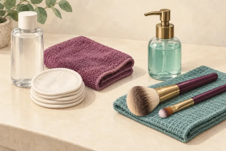Makeup remover, cleansing pads and face cloth separated from brush cleanser and drying brushes