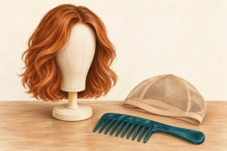 A waved wig on a stand beside a mesh wig cap and wide-tooth comb