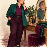 AI-generated illustration of a fictional adult in a teal blazer and plum trousers beside a dressing-table mirror.